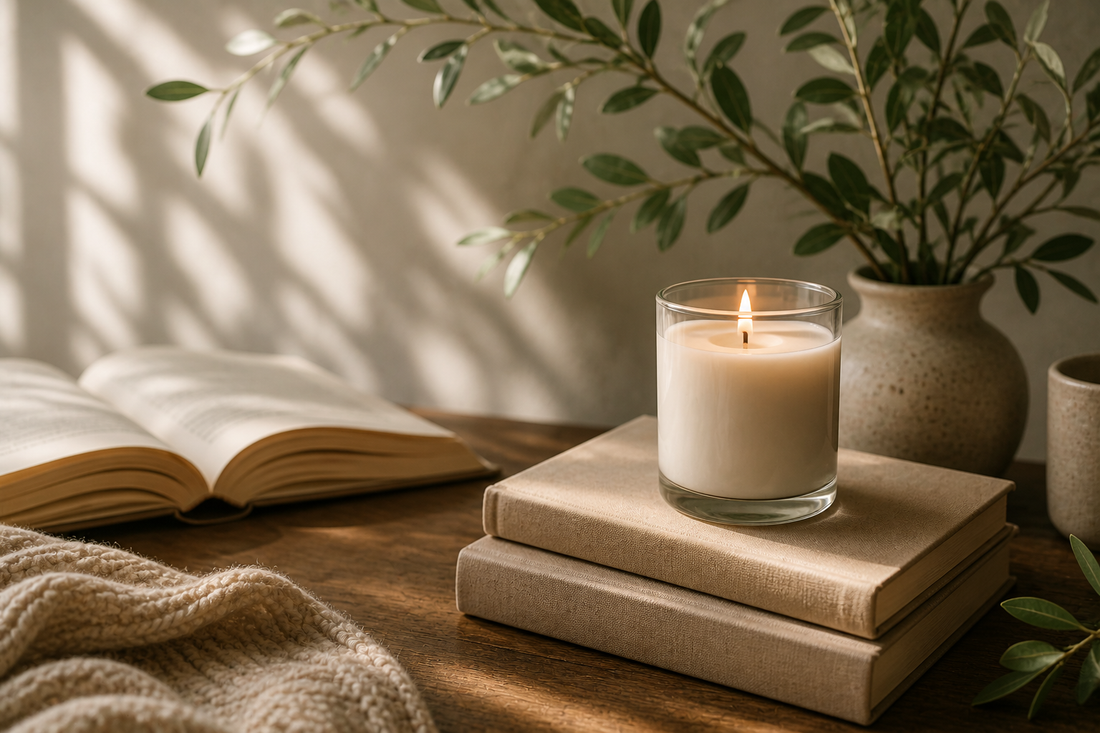 lit candle on top of books with blanket and plant in the background