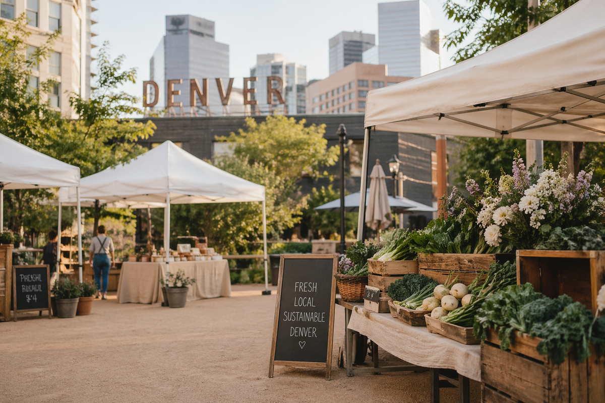 farmers market in denver with flowers and tents