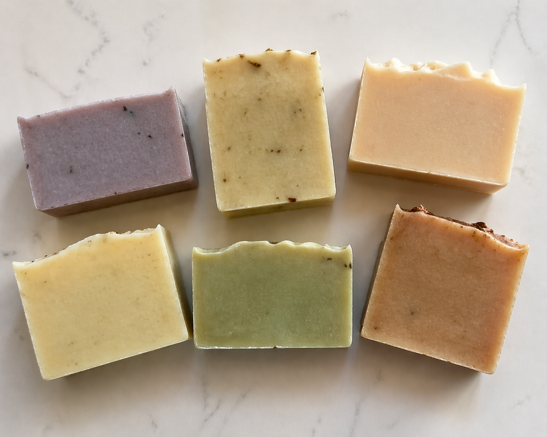 handcrafted cold pressed soap bars on granite countertop