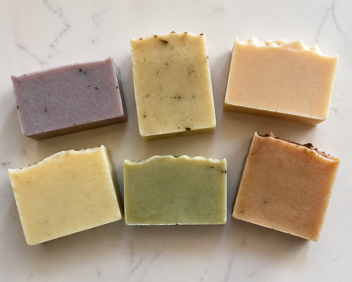 handcrafted cold pressed soap bars on granite countertop