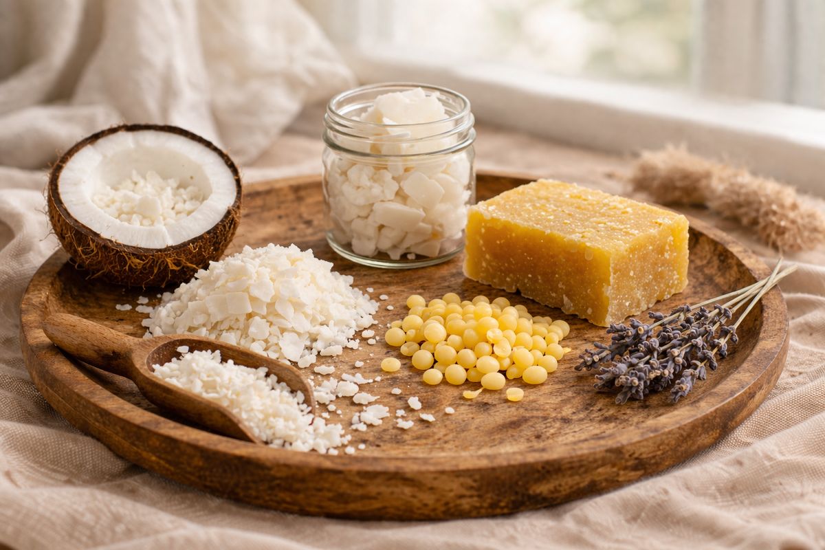 beeswax vs soy vs paraffin vs coconut soy wax types on wooden tray
