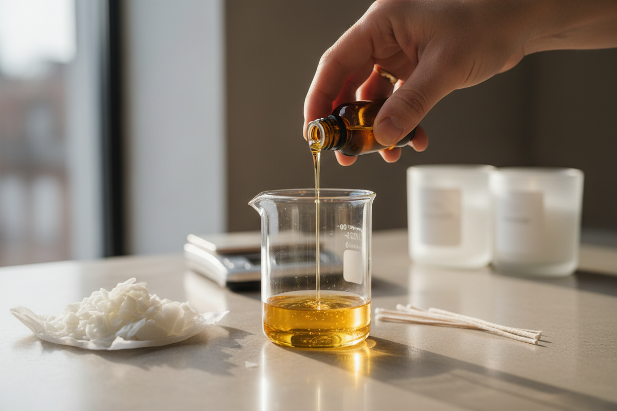 hand pouring fragrance oil into beaker with candles in the background